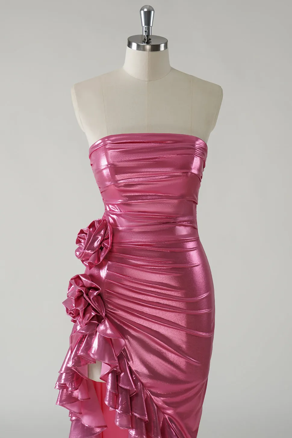 Sparkly Fuchsia Vestido de baile metálico sem alças com fenda