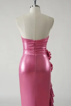 Sparkly Fuchsia Vestido de baile metálico sem alças com fenda