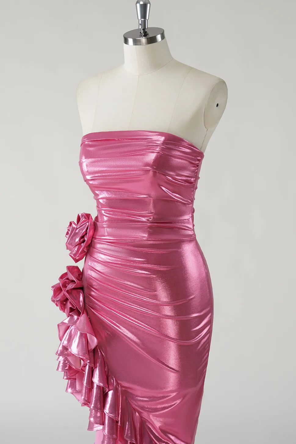 Sparkly Fuchsia Vestido de baile metálico sem alças com fenda