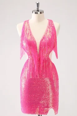 Sparkly Fuchsia V-Neck Backless Tight Homecoming Vestido com Tassel