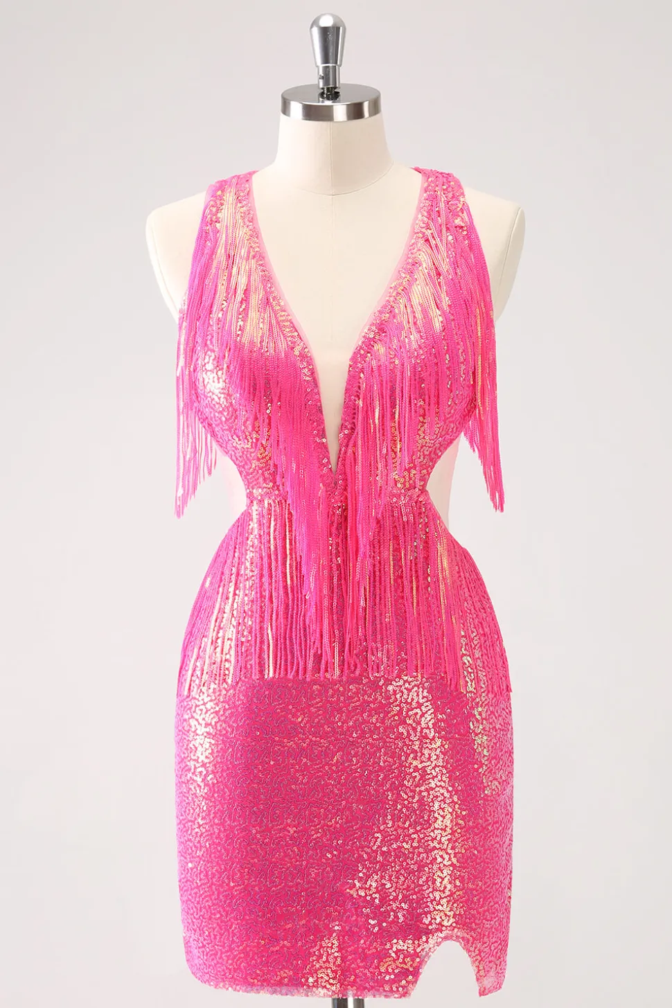 Sparkly Fuchsia V-Neck Backless Tight Homecoming Vestido com Tassel