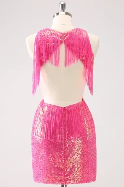 Sparkly Fuchsia V-Neck Backless Tight Homecoming Vestido com Tassel