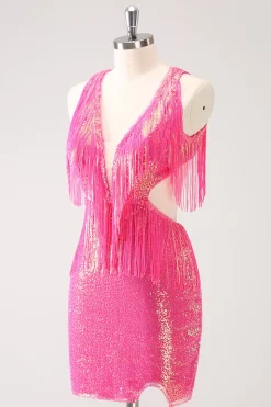 Sparkly Fuchsia V-Neck Backless Tight Homecoming Vestido com Tassel