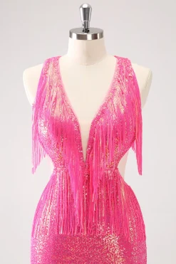 Sparkly Fuchsia V-Neck Backless Tight Homecoming Vestido com Tassel
