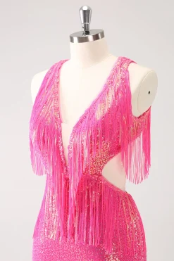 Sparkly Fuchsia V-Neck Backless Tight Homecoming Vestido com Tassel