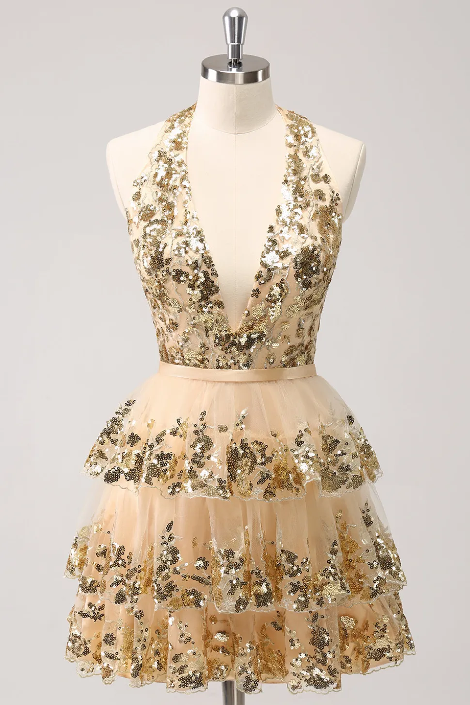 Sparkly Gold A Line Halter Tiered Backless Short Homecoming Dress com Sequins