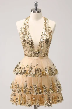 Sparkly Gold A-Line Halter Tiered Sequined Backless Vestido Curto Homecoming