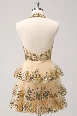 Sparkly Gold A-Line Halter Tiered Sequined Backless Vestido Curto Homecoming