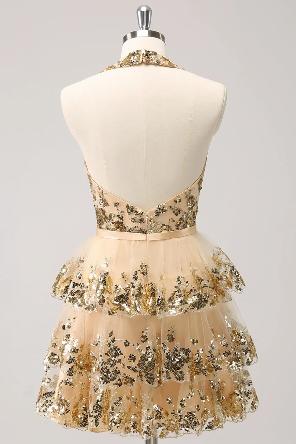 Sparkly Gold A-Line Halter Tiered Sequined Backless Vestido Curto Homecoming
