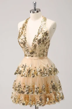 Sparkly Gold A-Line Halter Tiered Sequined Backless Vestido Curto Homecoming