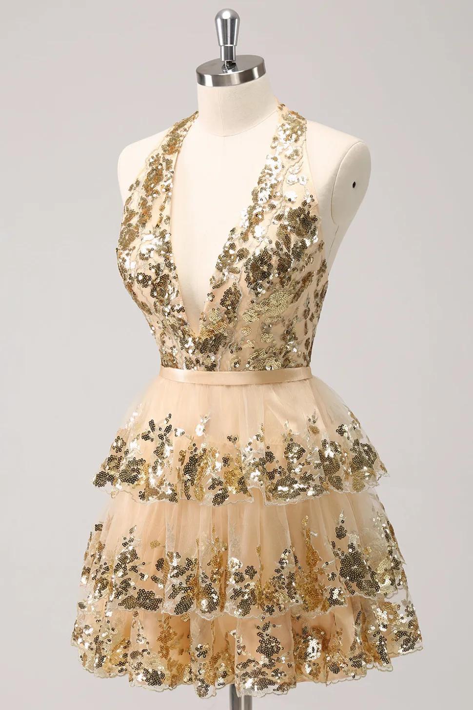 Sparkly Gold A-Line Halter Tiered Sequined Backless Vestido Curto Homecoming