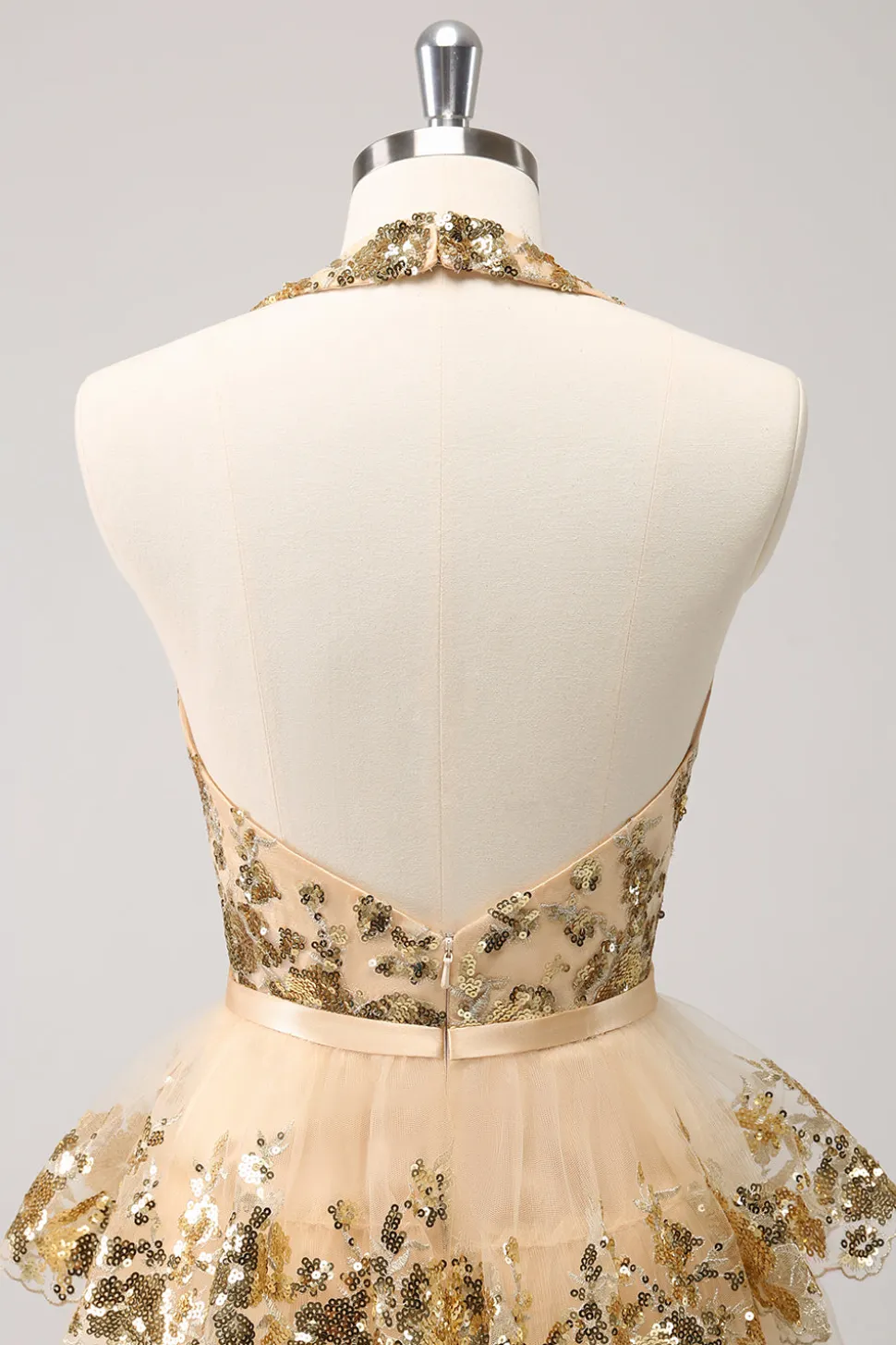 Sparkly Gold A-Line Halter Tiered Sequined Backless Vestido Curto Homecoming
