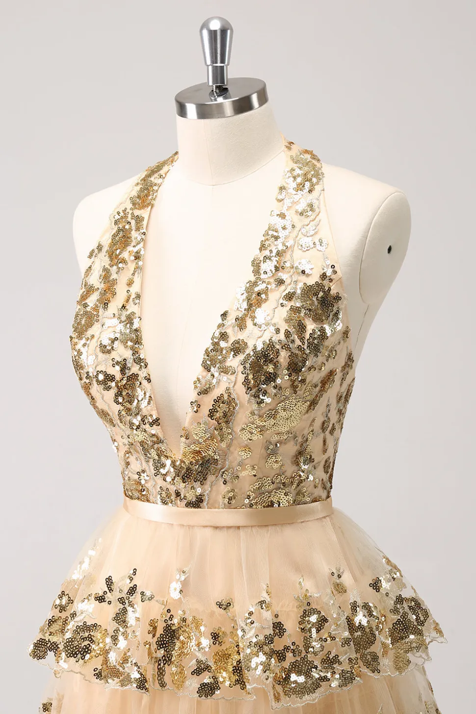 Sparkly Gold A-Line Halter Tiered Sequined Backless Vestido Curto Homecoming