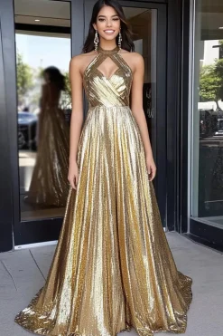 Sparkly Gold Metallic Halter Neck A-Line Long Prom Dress