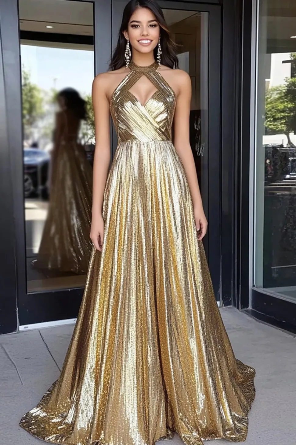 Sparkly Gold Metallic Halter Neck A-Line Long Prom Dress