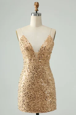 Sparkly Golden Bodycon Esparguete Correia Vestido Curto Homecoming com Sequins