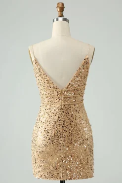 Sparkly Golden Bodycon Esparguete Correia Vestido Curto Homecoming com Sequins