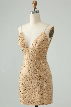 Sparkly Golden Bodycon Esparguete Correia Vestido Curto Homecoming com Sequins