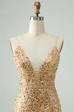 Sparkly Golden Bodycon Esparguete Correia Vestido Curto Homecoming com Sequins