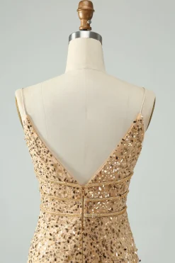 Sparkly Golden Bodycon Esparguete Correia Vestido Curto Homecoming com Sequins