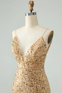 Sparkly Golden Bodycon Esparguete Correia Vestido Curto Homecoming com Sequins