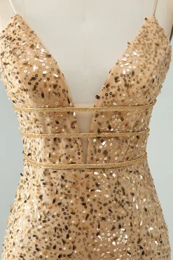 Sparkly Golden Bodycon Esparguete Correia Vestido Curto Homecoming com Sequins
