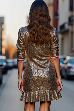Sparkly Golden Bodycon Sequins Vestido de Férias com Folhos