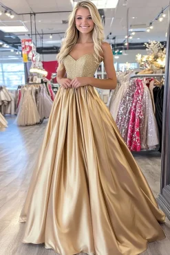 Sparkly Golden Uma linha querida vestido de baile com pregas