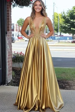 Sparkly Golden Uma Linha Deep-V Pescoço Cetim Long Prom Dress