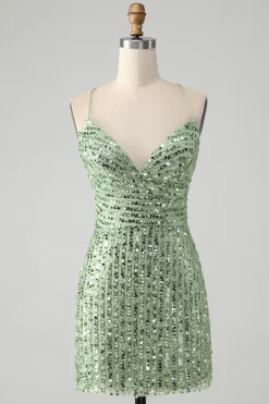 Sparkly Green Bodycon Sequins Lace Up Vestido Curto Homecoming