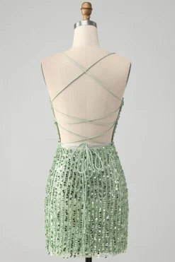 Sparkly Green Bodycon Sequins Lace Up Vestido Curto Homecoming