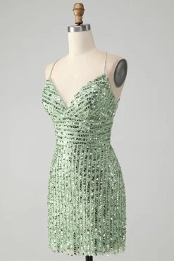 Sparkly Green Bodycon Sequins Lace Up Vestido Curto Homecoming