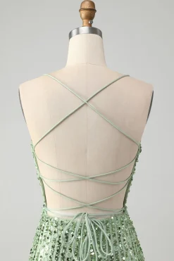 Sparkly Green Bodycon Sequins Lace Up Vestido Curto Homecoming