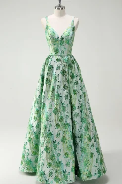 Sparkly Green Floral A-Line Esparguete Correias Long Prom Dress
