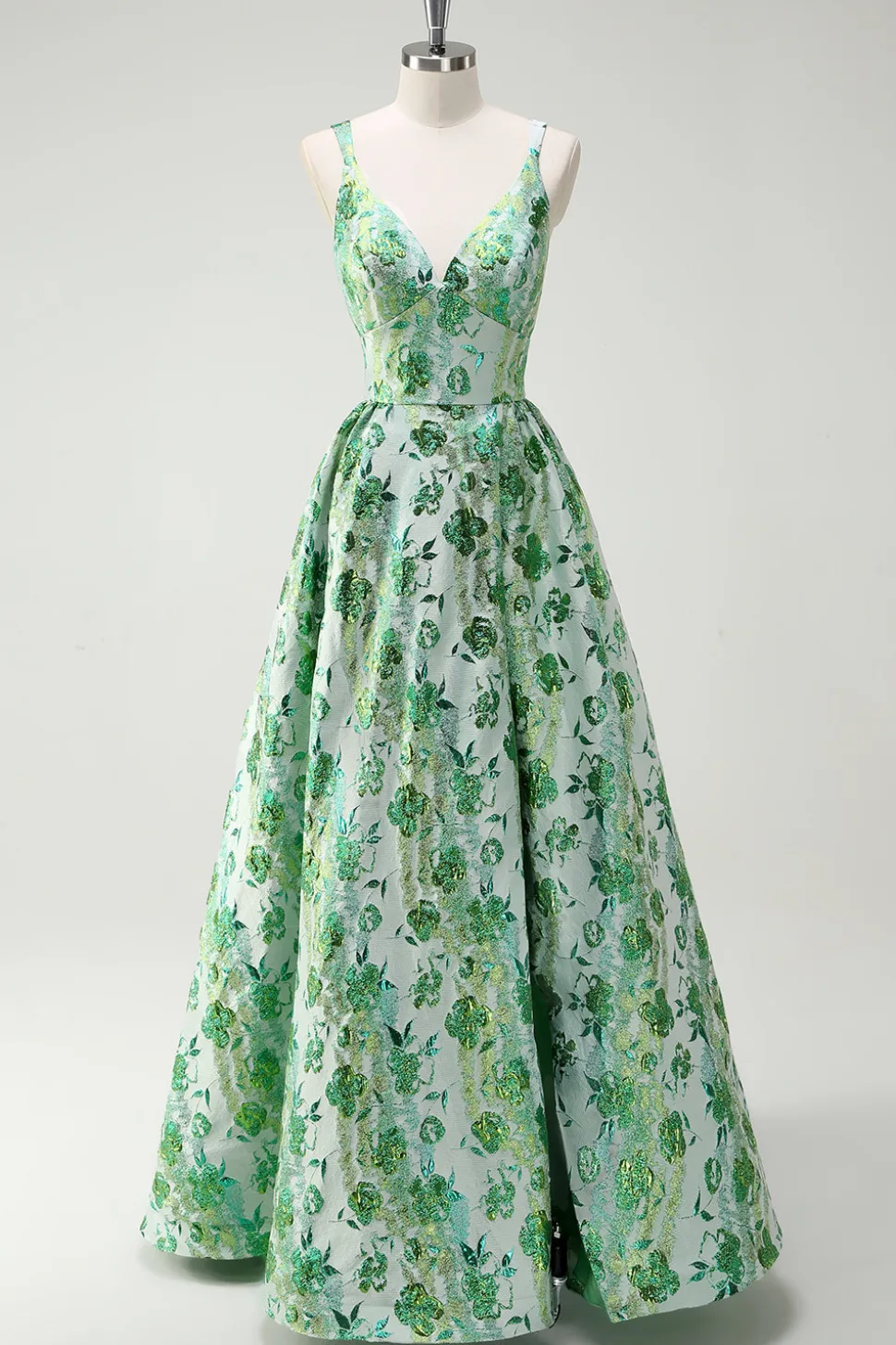 Sparkly Green Floral A-Line Esparguete Correias Long Prom Dress