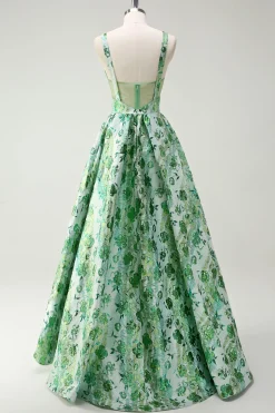 Sparkly Green Floral A-Line Esparguete Correias Long Prom Dress