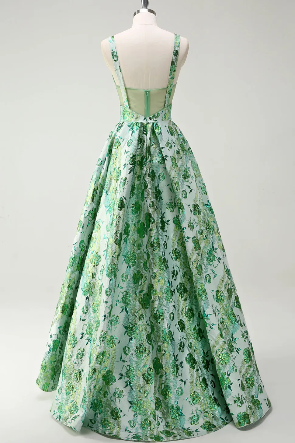 Sparkly Green Floral A-Line Esparguete Correias Long Prom Dress