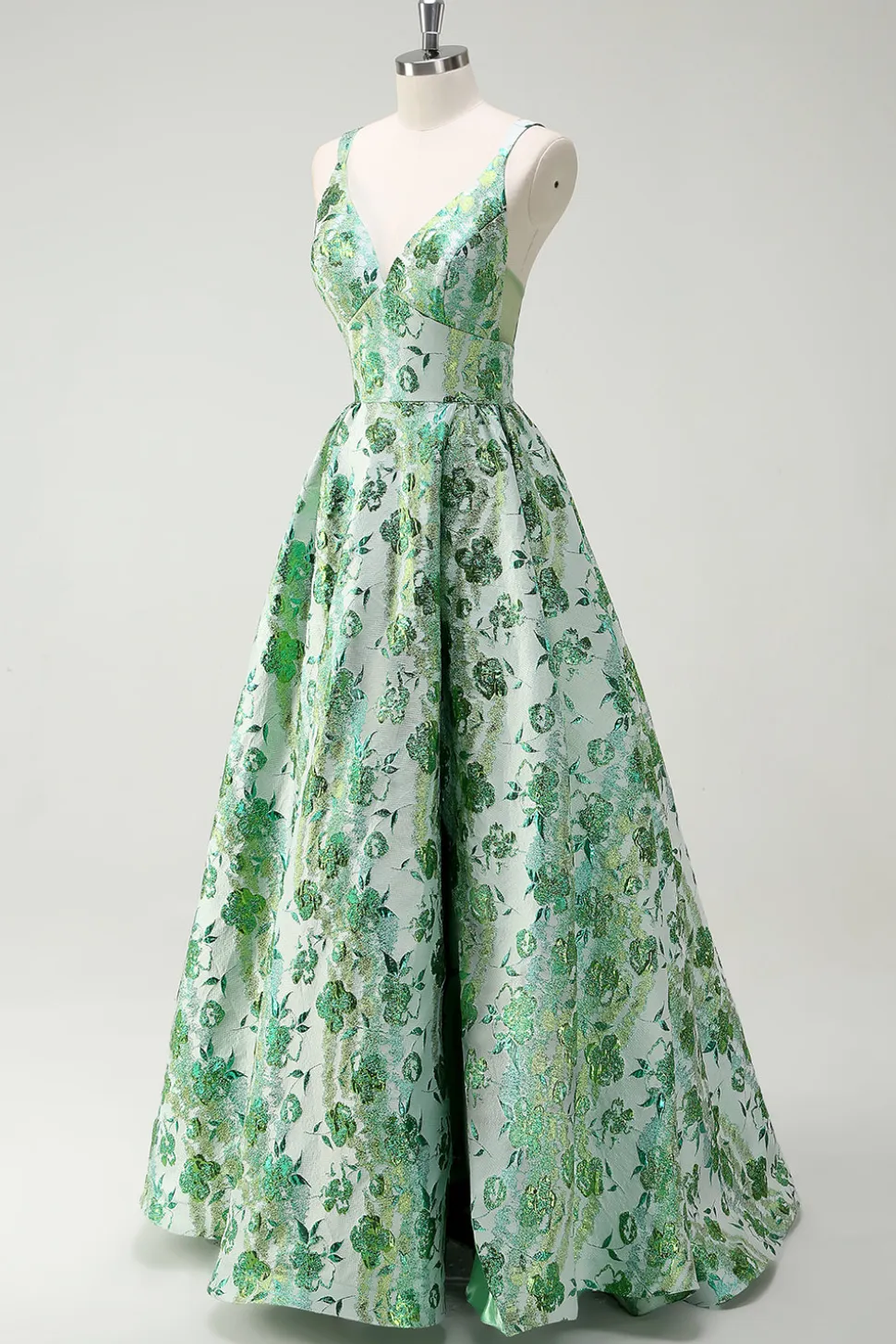 Sparkly Green Floral A-Line Esparguete Correias Long Prom Dress