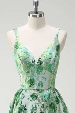 Sparkly Green Floral A-Line Esparguete Correias Long Prom Dress