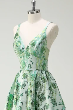 Sparkly Green Floral A-Line Esparguete Correias Long Prom Dress