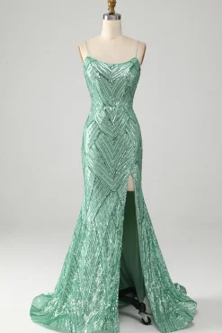 Sparkly Green Sequins Lace-Up Back Long Sereia Prom Dress with Slit