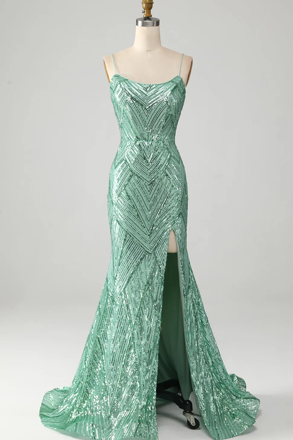 Sparkly Green Sequins Lace-Up Back Long Sereia Prom Dress with Slit