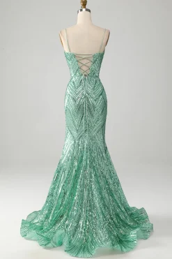 Sparkly Green Sequins Lace-Up Back Long Sereia Prom Dress with Slit