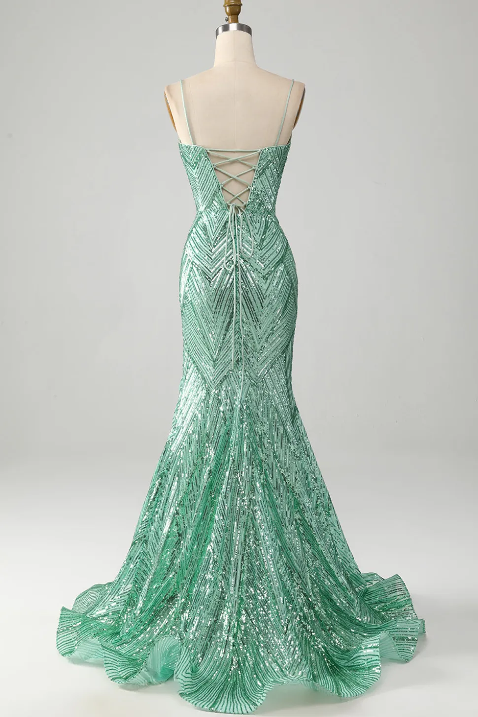 Sparkly Green Sequins Lace-Up Back Long Sereia Prom Dress with Slit
