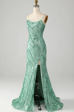 Sparkly Green Sequins Lace-Up Back Long Sereia Prom Dress with Slit