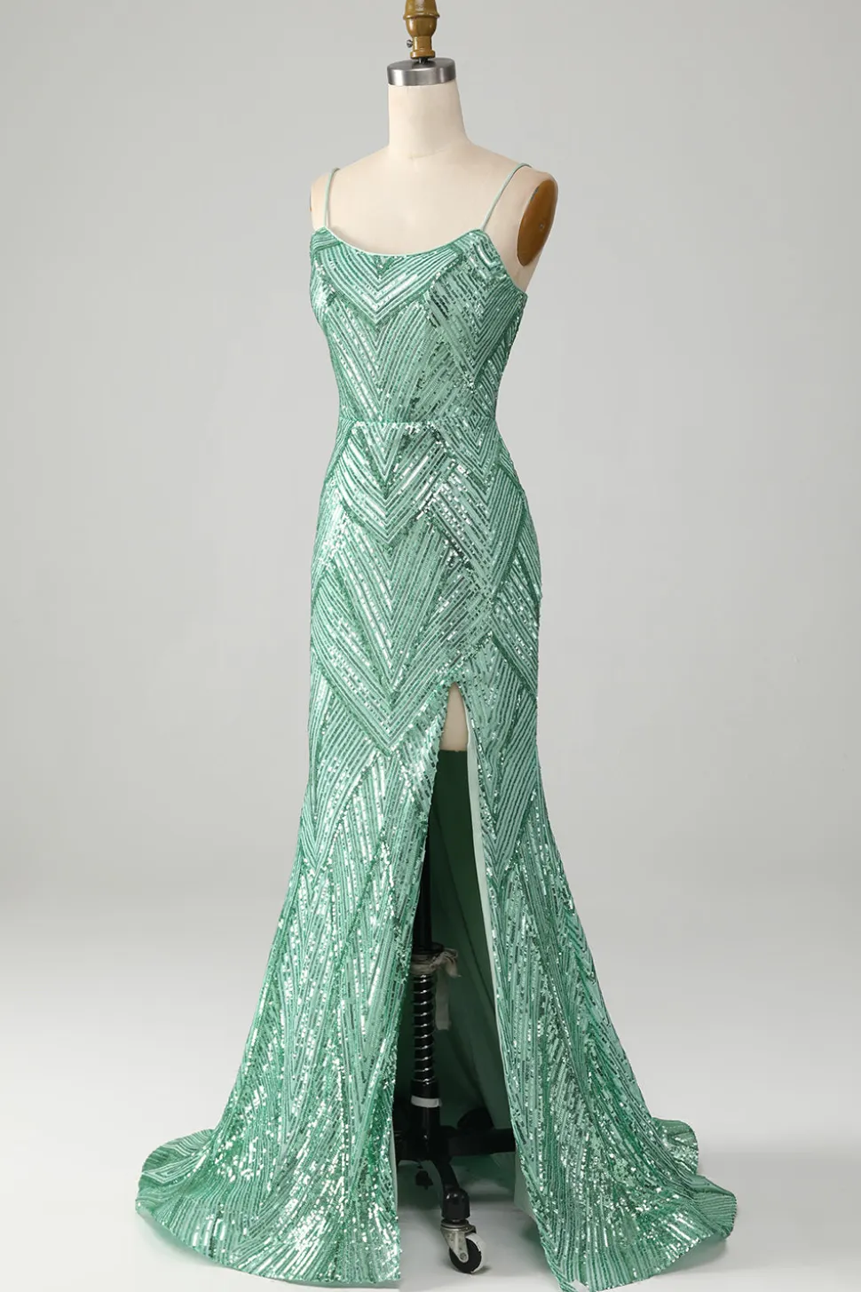 Sparkly Green Sequins Lace-Up Back Long Sereia Prom Dress with Slit