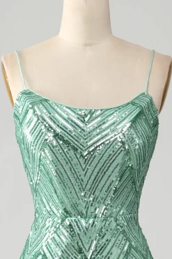 Sparkly Green Sequins Lace-Up Back Long Sereia Prom Dress with Slit