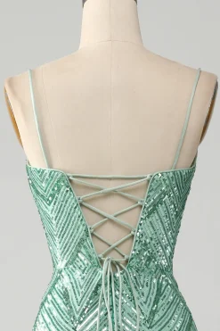 Sparkly Green Sequins Lace-Up Back Long Sereia Prom Dress with Slit
