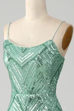 Sparkly Green Sequins Lace-Up Back Long Sereia Prom Dress with Slit