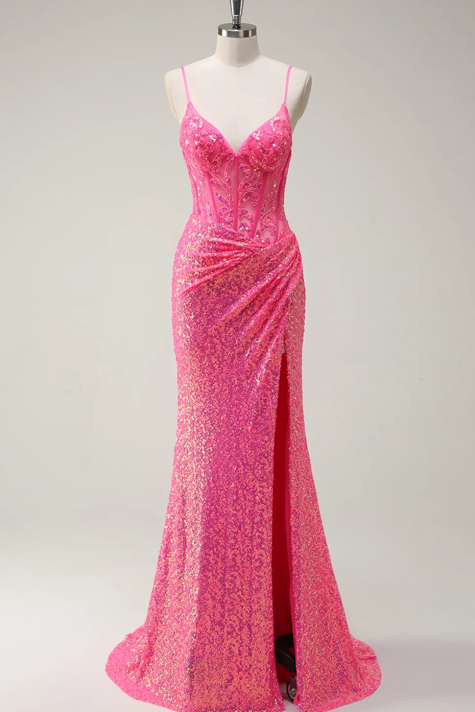 Sparkly Hot Pink Sequin Corset Sereia Vestido de Baile com Fenda
